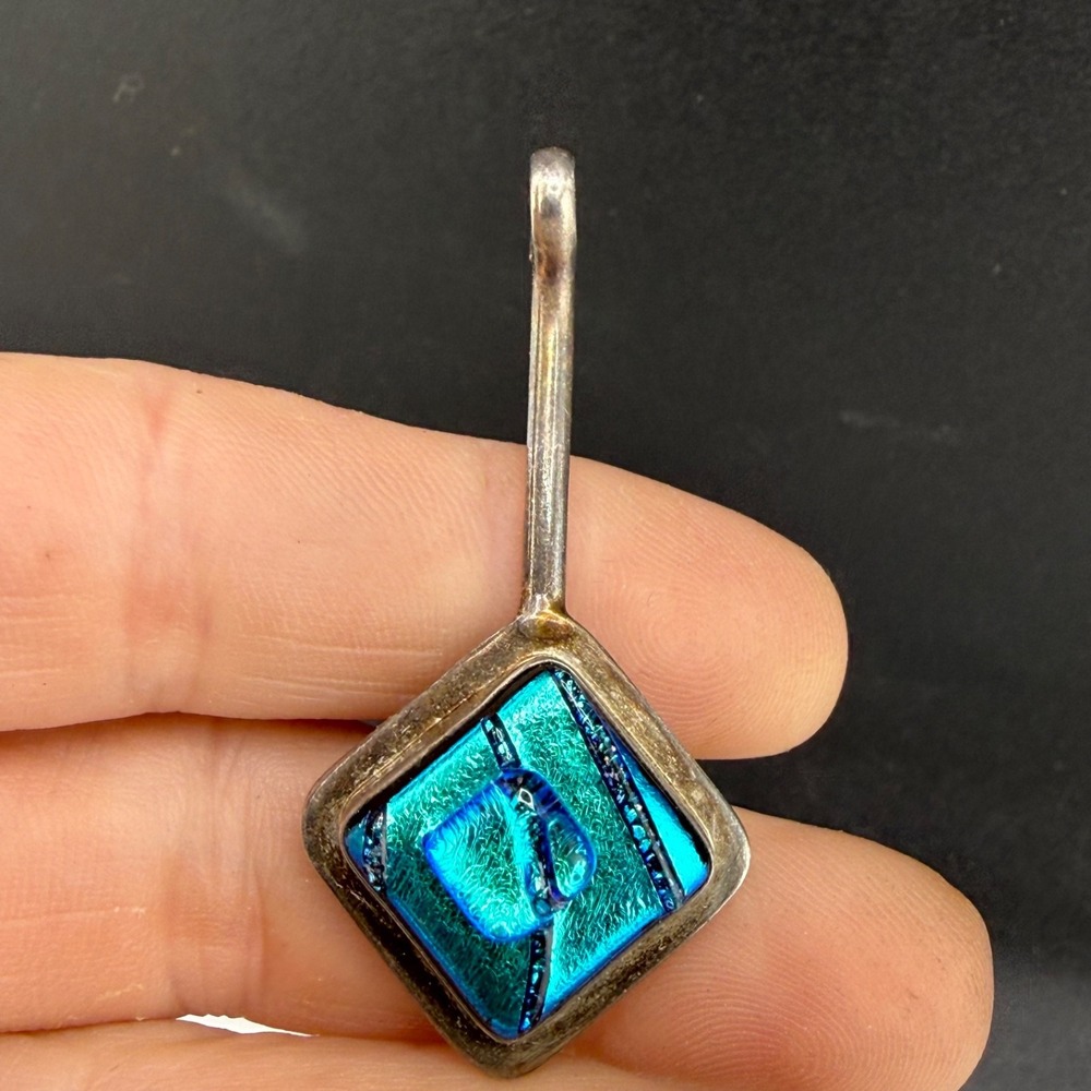 Vintage Signed RG 925 Sterling Silver Dichroic Fused Glass Pendant Necklace